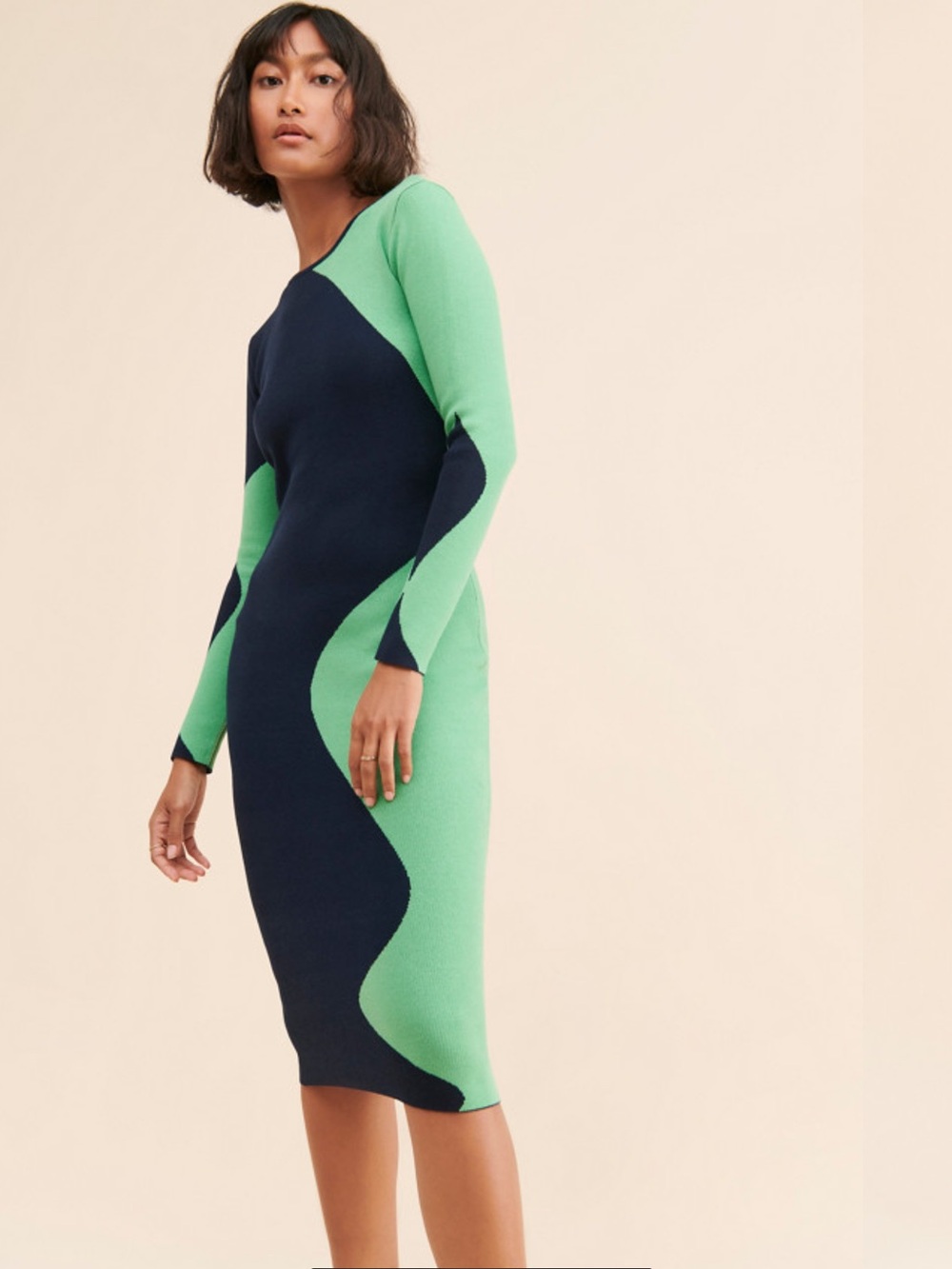 Free People Green & Navy Long-Sleeve Bodycon Dress Size S